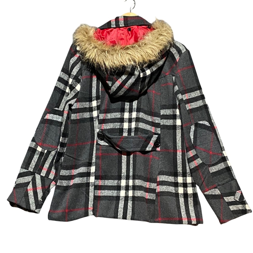Urban Republic Women's XL Plaid Double Breasted‎ Pea Coat Faux Fur Hood Pockets - Picture 2 of 14